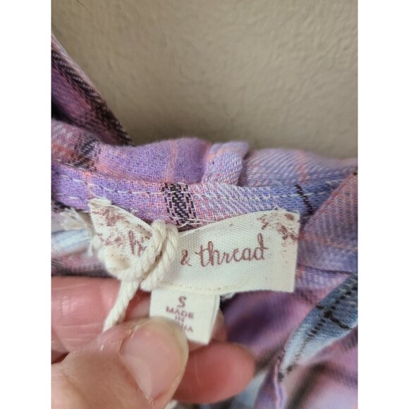 Hem and Thread Womens Hooded Shirt Large Purple Plaid Deep Dye Button Up BOHO - Picture 5 of 8